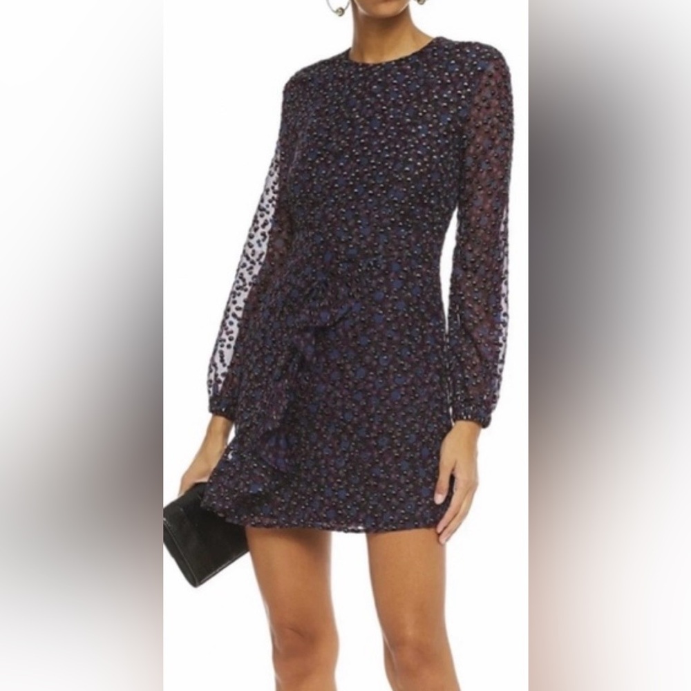Maje Revano Metallic Flocked Floral Mini Dress Black Purple Chiffon M
